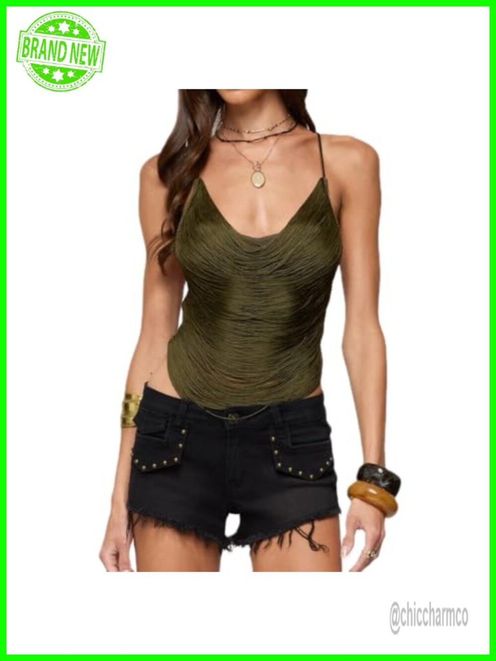 Fringed Cowl Neck Cami Criss Cross Back Draped Strings Going Out Top